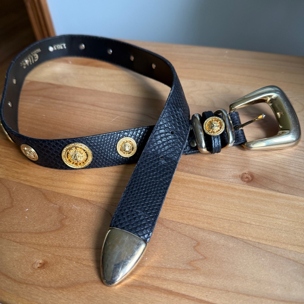 Vintage 90s Elite Fresno Gold Medallion Lizard Textured Belt Model 1383 Black S